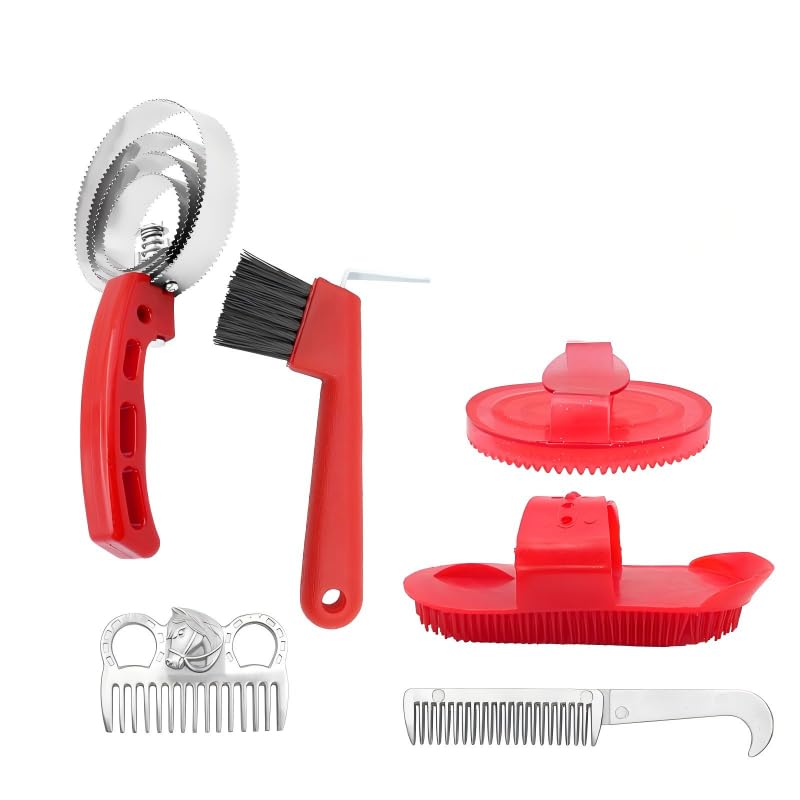 Horse Grooming Kit, 6-Piece Set with Curry Comb, Hoof Pick, Mane Comb, Body Brush and Sweat Scraper, Red