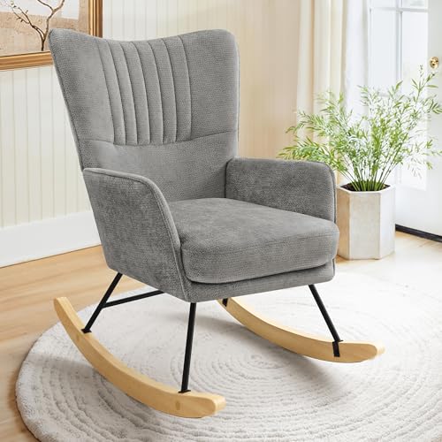 LUE BONA Schaukelstuhl aus Chenille mit extra dickem Sitzkissen, Polstersessel mit Armlehnen &...
