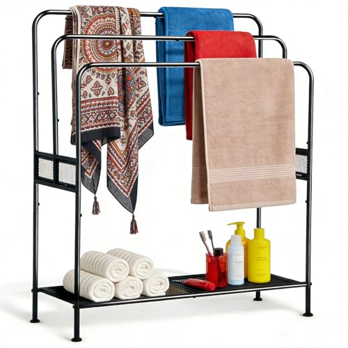 WeGXY 44" Extra Large Free Standing Towel Rack - 3 Tier Outdoor Pool Towel Holder, Versatile Blanket and Quilt Rack Stand for Living Room, Bathroom, Bedroom, Beach, Hot Tub, Gym and Pool Area Outside