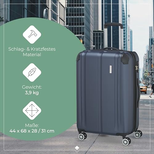 Travelite Hartschalenkoffer mittelgroß, erweiterbar, 4 Rollen, City, Trolley mit kratzfester Oberfläche, TSA Schloss, Dehnfalte, 68 cm, 78-86 Liter