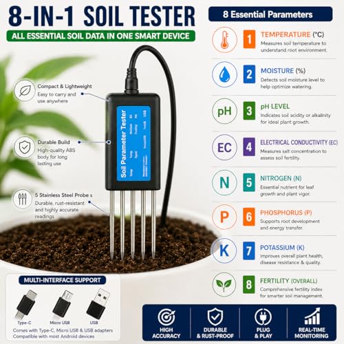 Image of 8-in-1 NPK Soil Tester | Digital Meter for pH, Moisture, Temperature, EC, Nitrogen, Phosphorus, Potassium & Fertility | USB Data Logging | for Garden, Farm, Lawn & Indoor Plants