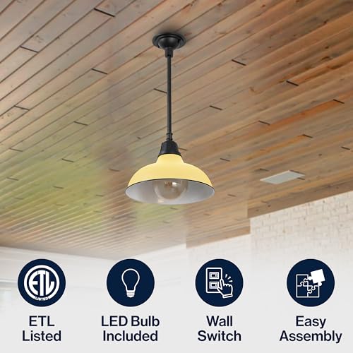 Image of JONATHAN Y Jasper 1-Light Farmhouse 12.25 inch Metal Pendant, Matte Yellow | Indoor Outdoor Use, Rustic Vintage Dome Shade, Adjustable Height, Kitchen Island Porch Entryway, LED Bulb Included