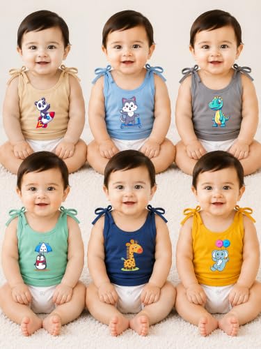Image of Kidbee Baby Cotton Hosiery Tie-Up Jabla Pack of 6 | Soft Sleeveless Tank Tops & Baby Vests for Newborn Infants, Boys & Girls
