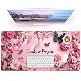 Aphlos PU Leather Desk Mat Blotter,Cute Pink Desk Mat for Office, Home,School,Keyboard,Mouse,15.7'x31.5' Large Non-Slip Writing Mat with Travel Storage Strap, Waterproof Easy to Clean (Pink Butterfly)