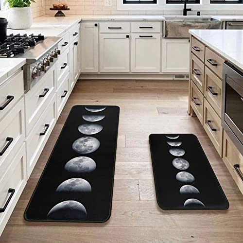 Protikol Moon Kitchen Rugs Set 2 Pieces Black Non Skid Kitchen Floor Rug And Mat Kitchen Runner Rug Standing Area Mat For Kitchen Floor Decor 17"X47"+17"X30" #TOP4