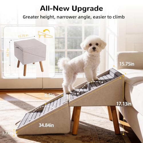 Image of Dog Stairs for Small Dogs, 2-in-1 Foldable Pet Ramp and Ottoman, 17.13 inch H | Non-slip carpeted steps, solid wood support, gentle incline for couches, and a foldable ottoman design for compact storage.