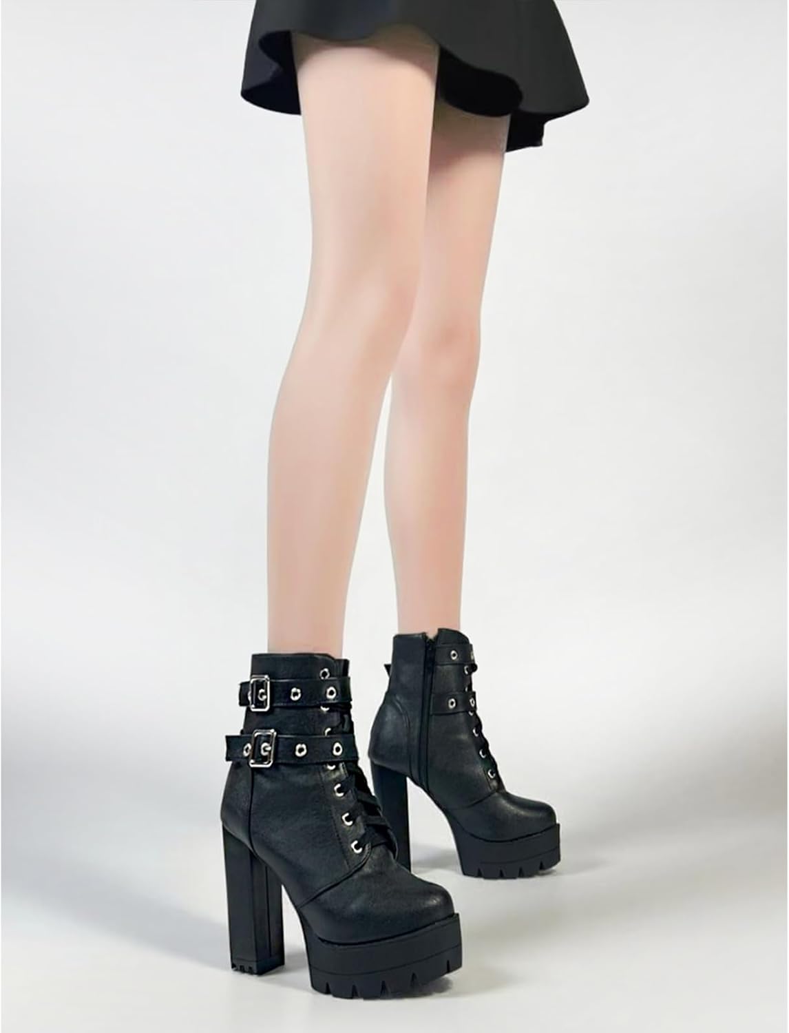 MEOTINA Black High Heel Boots for Women Platform Combat Booties Sexy Buckle Chunky Heeled Goth Boots Lace Up Ankle Boot with Zipper Gothic Shoes