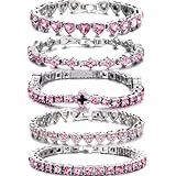 5PCS Diamond Tennis Chain Bracelet Set for Women ,Gold/Silver Plated Bangle Cuff Heart Shape Floral Clover Cross Charms Single Row Diamond Layered Link Bracelet Set Fashion Jewelry for Women Set (Pink, 7inch)
