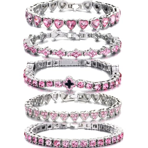 5PCS Diamond Tennis Chain Bracelet Set for Women ,Gold/Silver Plated Bangle Cuff Heart Shape Floral Clover Cross Charms Single Row Diamond Layered Link Bracelet Set Fashion Jewelry for Women Set (Pink, 7inch)