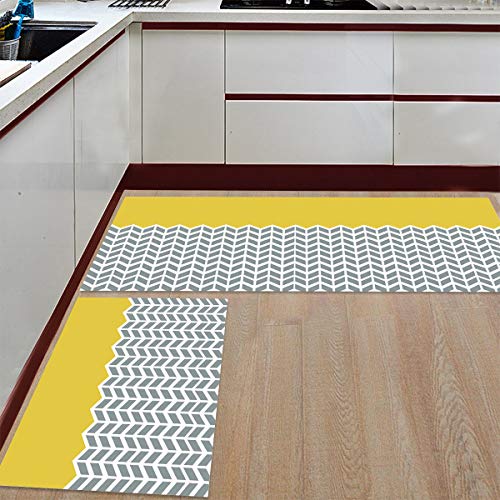Queener Home Grey White Arrow Chevron Stripes Kitchen Rugs And Mats Set Of 2, Washable Floor Doormat Geometric Comfort Area Runner Rug Non-Slip Rubber Backing For Indoor Yellow #TOP22