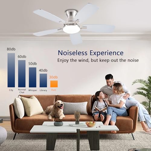 Image of JSAITEE Ceiling Fans with Lights, 42 Inch Low Profile Ceiling Fan with Light, Flush Mount, DC Reversible Motor, Noiseless, Nickel 6 Speeds Ceiling Fan for Bedroom