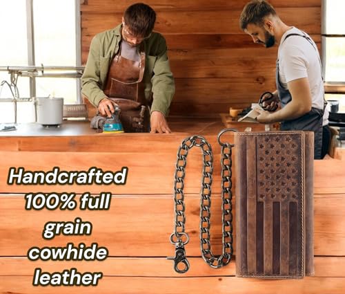 Image of F&L CLASSIC RFID Blocking Mens Tri-fold Long Style Cowhide Leather Steel Chain Wallet,brown flag,212-100