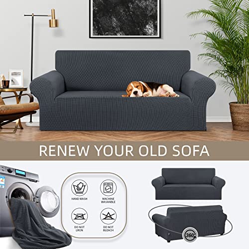 KEKUOU Stretch Loveseat Sofa Cover Slipcover,Couch Covers for 2 Cushion Couch Sofa (55"-78") Furniture Protector Sofa with Elastic Bottom for Kids,Dog. Jacquard Small Checked (Medium,Charcoal)