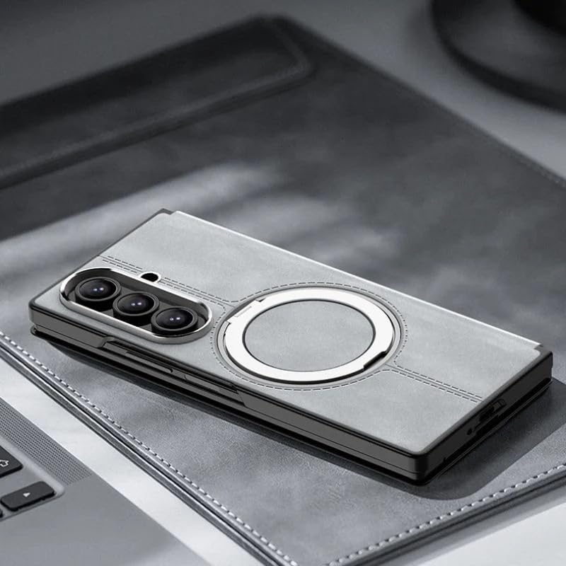 Image of TechTrendz Magsafe Compatible Built-in-Stand Flip Cover for Samsung Galaxy Z Fold 7, 360 Rotating Stand Luxury Nappa Style Leather Foldable Magnetic Flip Cover Galaxy Z Fold 7 5G (Gray)