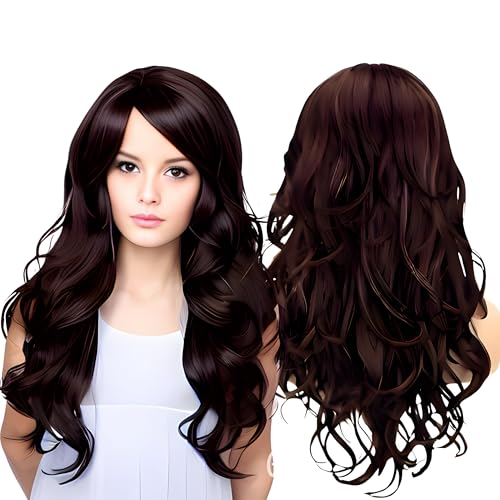 Image of Paradise Hair Wig for Women Long Brown With Burgundy Highlights Wig for Women 28'' Long Straight Brown Hair Wig Natural Cute Wigs for Daily Party Halloween (Includes 2 Wig Cap And 1 Carry Pouch) (Dark Brown)