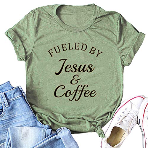 YourTops Women Fueled by Jesus and Coffee T-Shirt Christian Shirt (L, 2-Green)