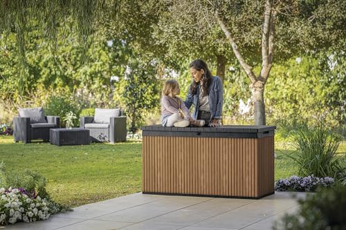 Keter Auflagenbox/Kissenbox 570 Liter l 100% Wasserdicht l mit Belüftung dadurch kein übler Geruch/Schimmel l Moderne Holzdielenoptik l Deckel belastbar bis 300 KG (2 Personen)