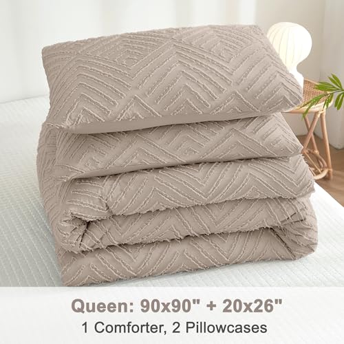 Image of Litanika Light Coffee Queen Comforter Set, 3 Pieces Tufted Boho Farmhouse Bedding Comforter Sets, Lightweight Fluffy Comforter Bed Set for All Season (90x90In Comforter and 2 Pillowcases)