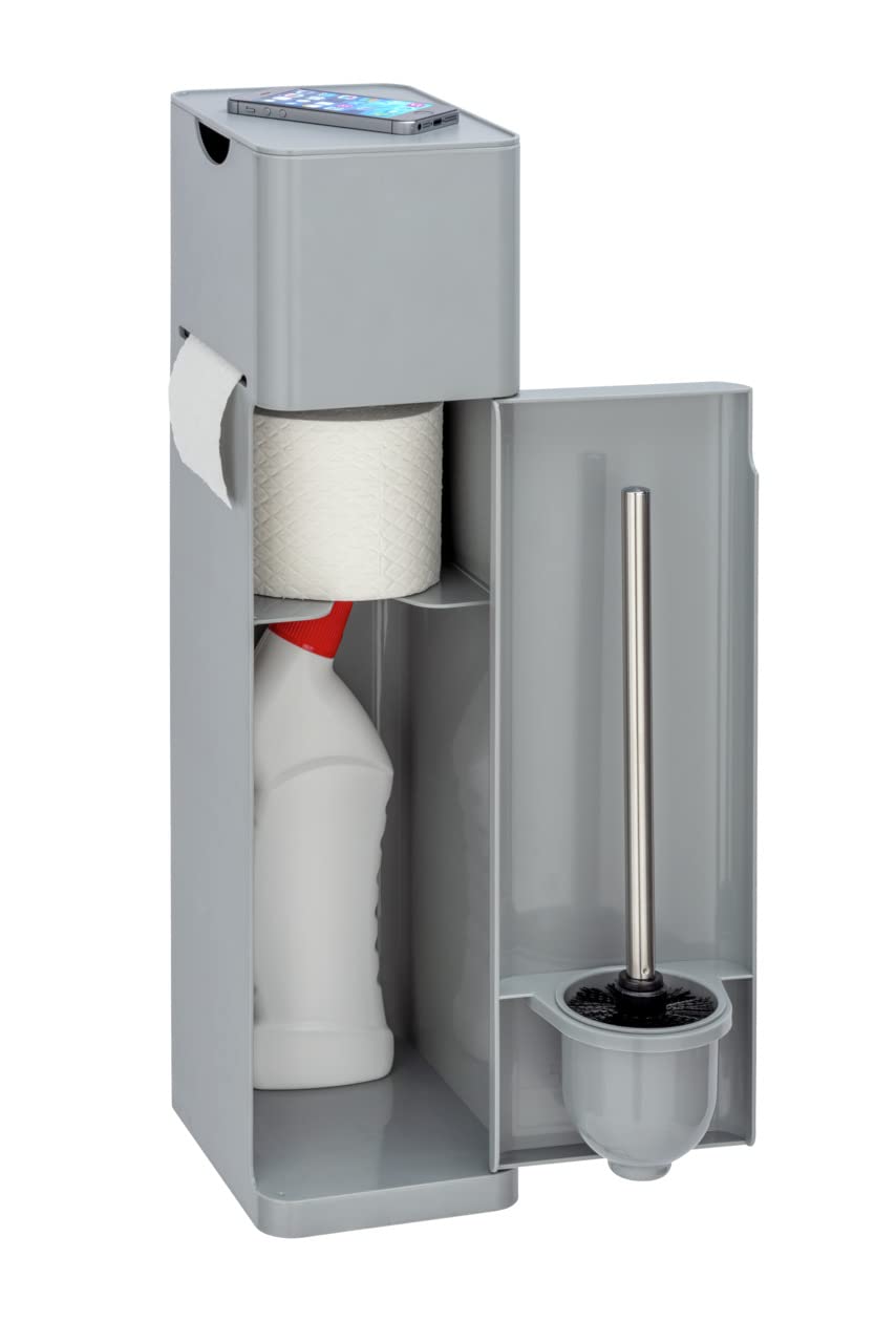 WENKO Stand WC-Garnitur Mod. Imon 6 in 1 mit Toilettenpapierhalter und Bürstenhalter aus solidem Kunststoff 20 x 58,5 x 15 cm Grau mattiert
