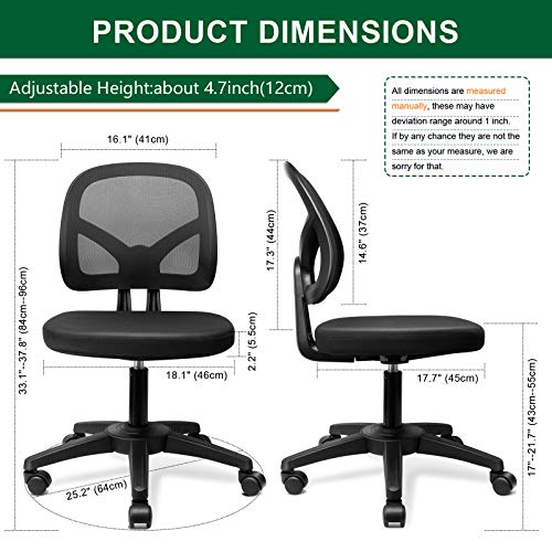 Kolliee Armless Office Chair Mesh Ergonomic Small Desk Chair Armless Adjustable Swivel Black Computer Task Chair No Armrest Mid Back Home Office Chair For Small Spaces #TOP2