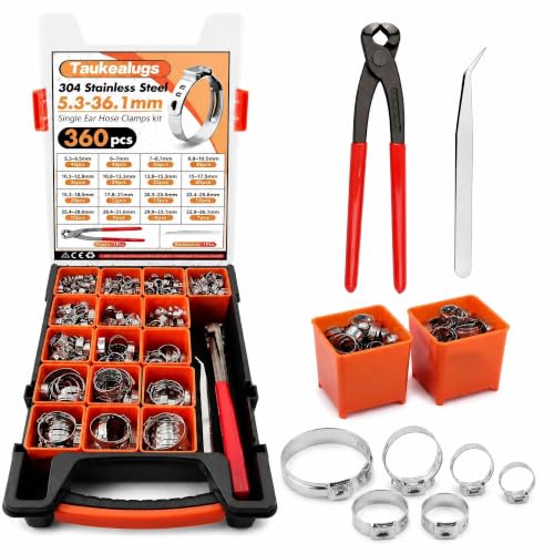360Pcs Single Ear Hose Clamps Kit Stepless 5.3-36.1mm 304 Stainless Steel Hose Repair Clamp Cinch Rings Ear Clamp Pliers Tool with Portable Toolbox for Automotive Fuel Line Plumbing PEX DIY