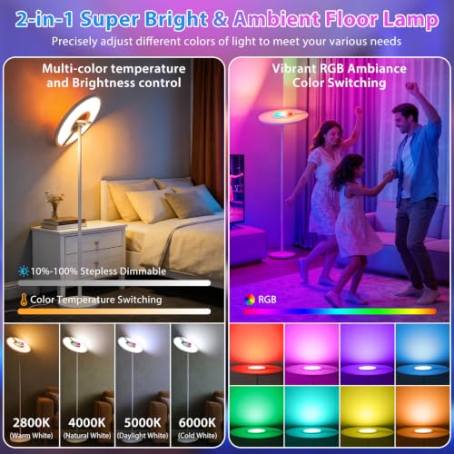2-in-1 Full Spectrum LED Floor Lamp with Remote, 76'' Tall 350° Adjustable 4100LM Super Bright Reading Lamp with RGB Ambient Glow,Stepless Dimming & 5CCT Modern Standing Lamps for Living Room, Bedroom - image 3