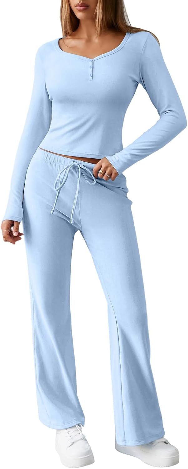 Herseas Women's 2 Piece Outfits Long Sleeve Button Down Tops Flared Pants Tracksuits Casual Lounge Set