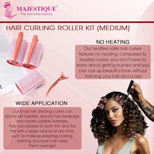 Image of Majestique Hair Curler Roller Kit with Reusable Shower Head Cap - Hair Roller Curler for Volume & Styling | Velcro Hair Rollers with Tail Comb & Clips | Heatless Hair Curler Set for Women | Hair Styling Tools 8Pcs Multicolour (Multicolor, Medium)