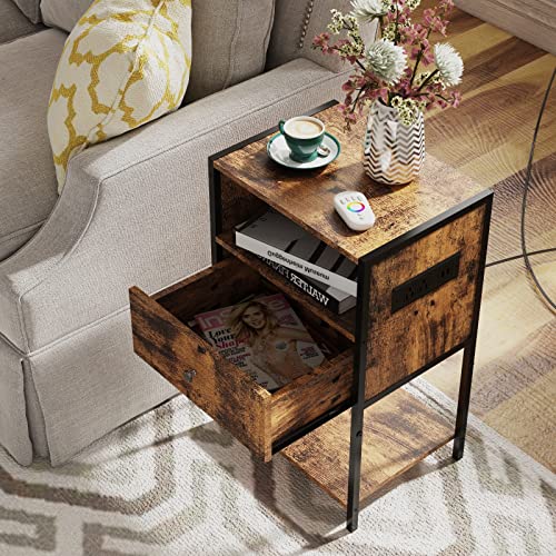 Ldttcuk Nightstand With Charging Station, Modern End Table With Drawer, Bedside Table With Open Storage For Bedroom,Rustic Brown #TOP4