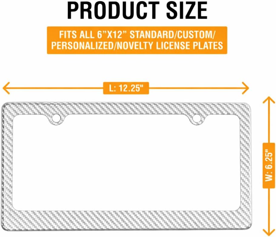 Car 100% 3k Twill Weave Silver Carbon Fiber License Plate Frame Cover, Glossy UV Protection, Front/Rear Fit for USA/Canada/Mexico Standard Size 6.25"" x 12.25""