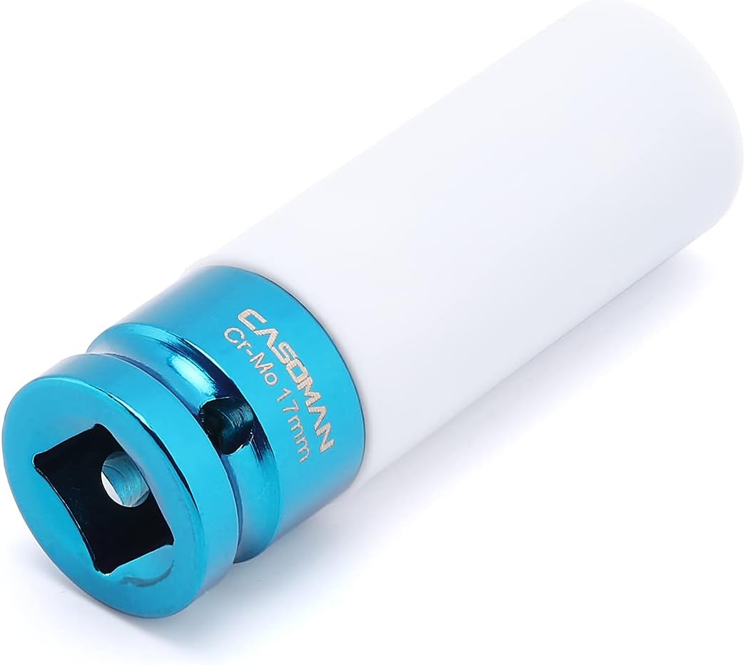 CASOMAN 1/2-Inch Drive Wheel Protector Impact Socket-17mm, Thin Wall Deep Impact Socket, 6-Point, Non-Marring, Color-Coded, Laser-Etched, Metric, CR-MO