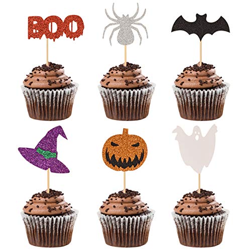 Donoter 24 Pieces Glitter Halloween Cupcake Toppers Pumpkin Boo Bat Spooky Spider Witch Hat Cupcake Picks for Halloween Party Cake Decorations