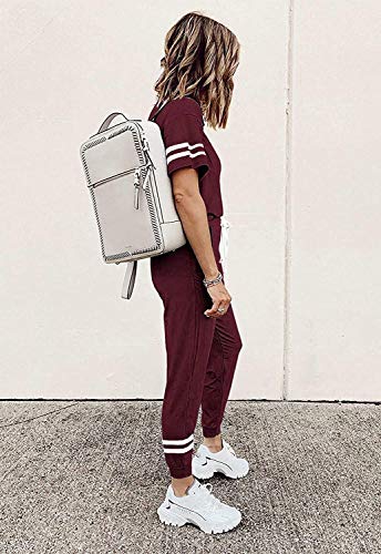 Image of PRETTYGARDEN Women's Two Piece Outfits Striped Short Sleeve Pullover and Long Pants Tracksuit Pajama Lounge Jogger Sets