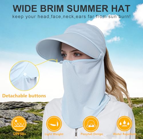 Image of Women Wide Brim Face Mask Sun Hat Detachable Neck Face Flap Ponytail UV Protection Visor Hat Garden Fishing Hiking