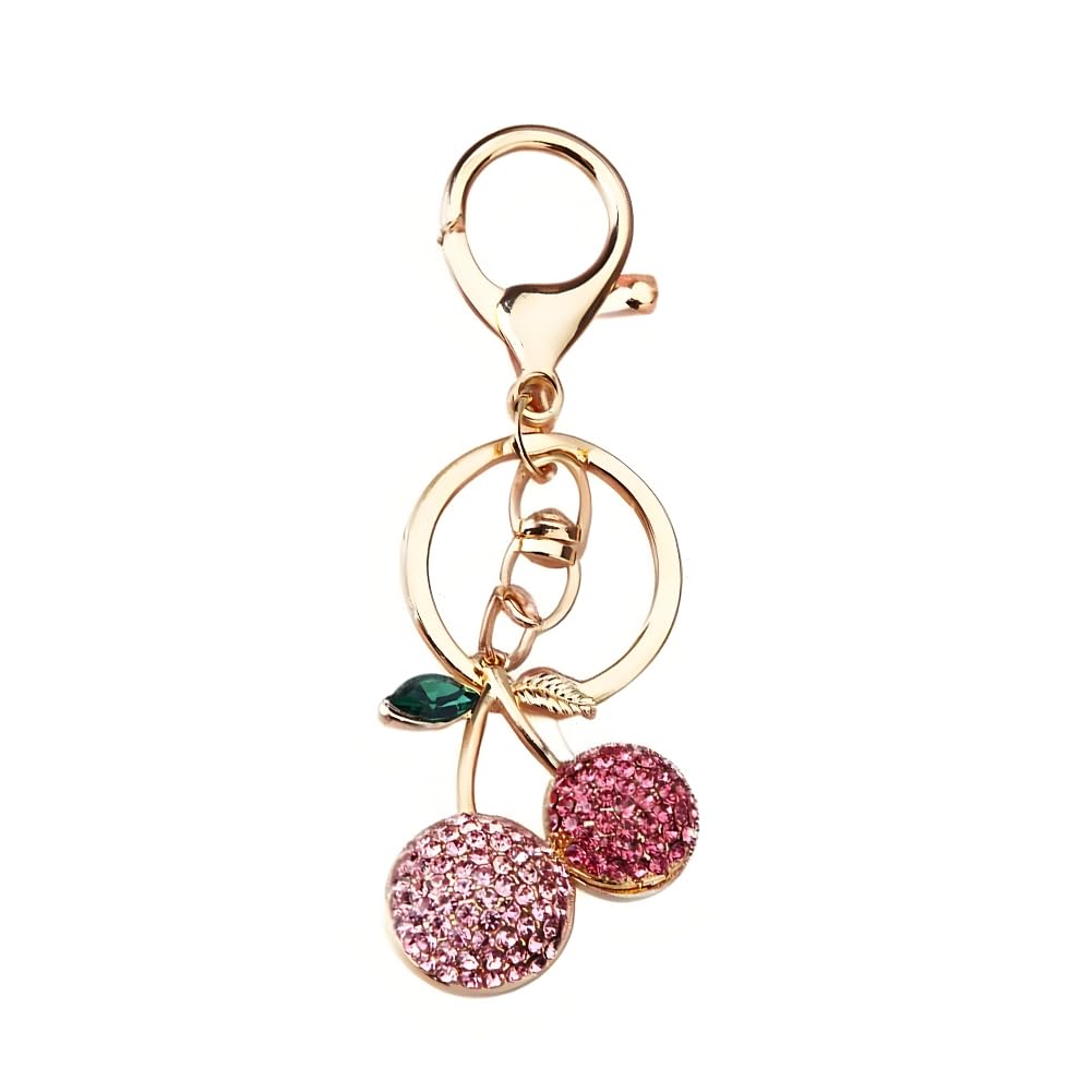 Arfuka Unisex Pink Cherry Keyring Crystal Rhinestone Keychain Key Chains Rings Holder Jewelry Car Bag Charm Accessories