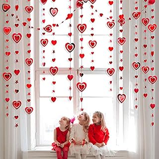 40 Ft Valentine's Day 3D Red Heart Star Garlands Double Sided Metallic Paper Hanging Streamer Banner for Anniversary Engagement Wedding Bridal Shower Bachelorette Birthday Party Decorations (4 Packs)