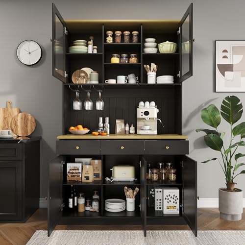 Goldicoo Armario alto con puertas de cristal, 120 x 40 x 191 cm, MDF, color negro con asas doradas, enchufe integrado, conectores USB-C y USB-A, soporte para vasos