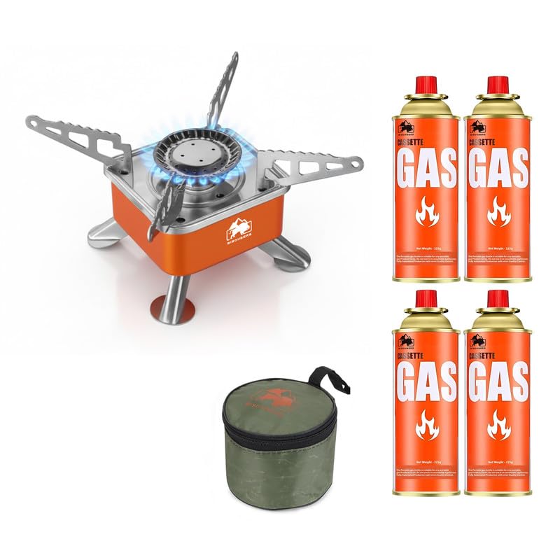 BisonBerg Ultra-Light Folding Camping Butane Gas Stove Burner with 4 Butane Cartridge, Aluminium