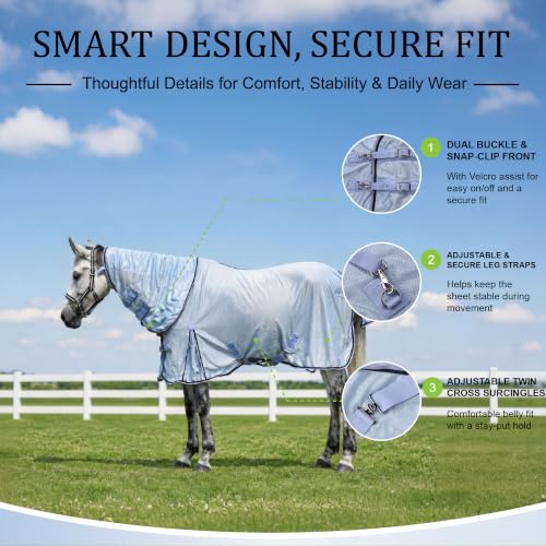 Image of Horse Fly Sheet with Detachable Neck, Maximum Airflow Breathable Open Weave Mesh for Hot Weather, Anti-Rub Comfort, 65% UV Protection, Cool Summer Sheet for Pasture & Barn Greyblue 84