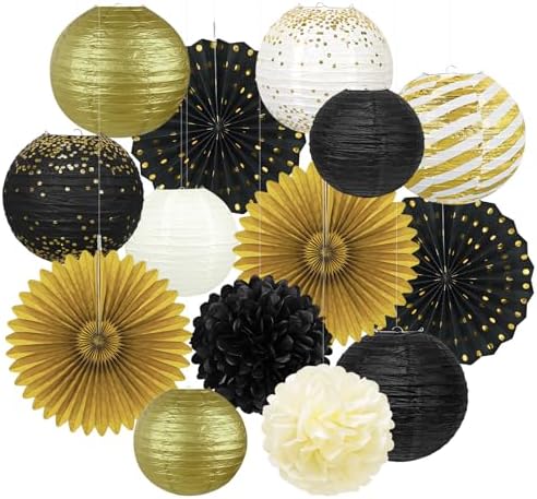 14Pcs Black and Gold Party Decorations, Hanging Paper Lanterns Fa...
