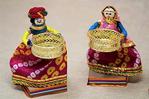 Image of JH Gallery Handmade Recycled Material Rajasthani Dolls Puppet Tealight Candle Holder, Multicolor, 11 x 11 cm, 1 Pair, Home Decor & Decoration Items for Living Room, Office and Hall