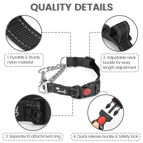PETTOM Hundehalsband – Verstellbares, Reflektierendes Halsband mit Sicherheitsverschluss für Training, Atmungsaktives Nylon für Mittelgroße bis Große Hunde (Schwarz, M 43-52cm)