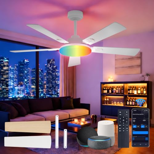 Image of Amico 52 inch RGB Smart Ceiling Fans with Lights, Downrod Mount, WiFi, White | RGB Light, Music Sync, 3CCT Dimmable, App /Remote /Alexa /Google, Quiet 6 speeds Reversible DC Motor, Timer, Bedroom /Living room
