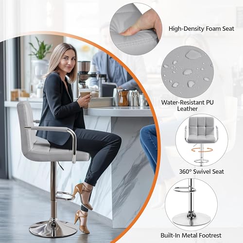 Image of Yaheetech Bar Stools Set of 2, Adjustable Swivel with Backs, Light Gray