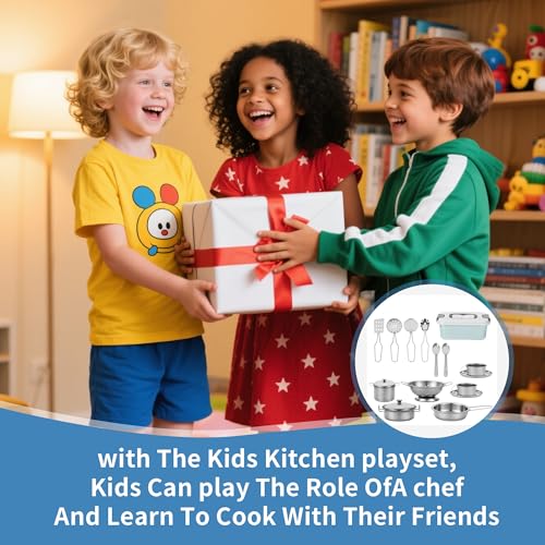 17 Stück Kinderküche Zubehör, Edelstahl Küchen Zubehörfür Kinder,Holz Küchenspielzeug Spielküche Zubehör Set,für Jungen und Mädchen Kinder