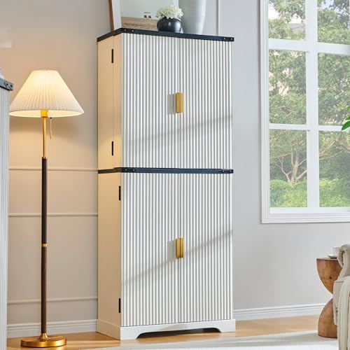 Fluted Pantry Cabinet, 72" Tall Modern Storage Cabinet with 4 Doors, Organizer, Drawer and Adjustable Shelves, Wood Cupboard for Kitchen, Dining Room, Living Room and Bathroom, Off White