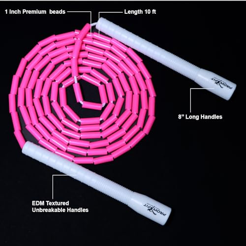 Image of Freestyle Unbreakable Long Handle Soft Shatterproof Beads 1Inch Beaded Jump Rope, Skipping Rope Adult. (10 Ft) (Pink - White handle)