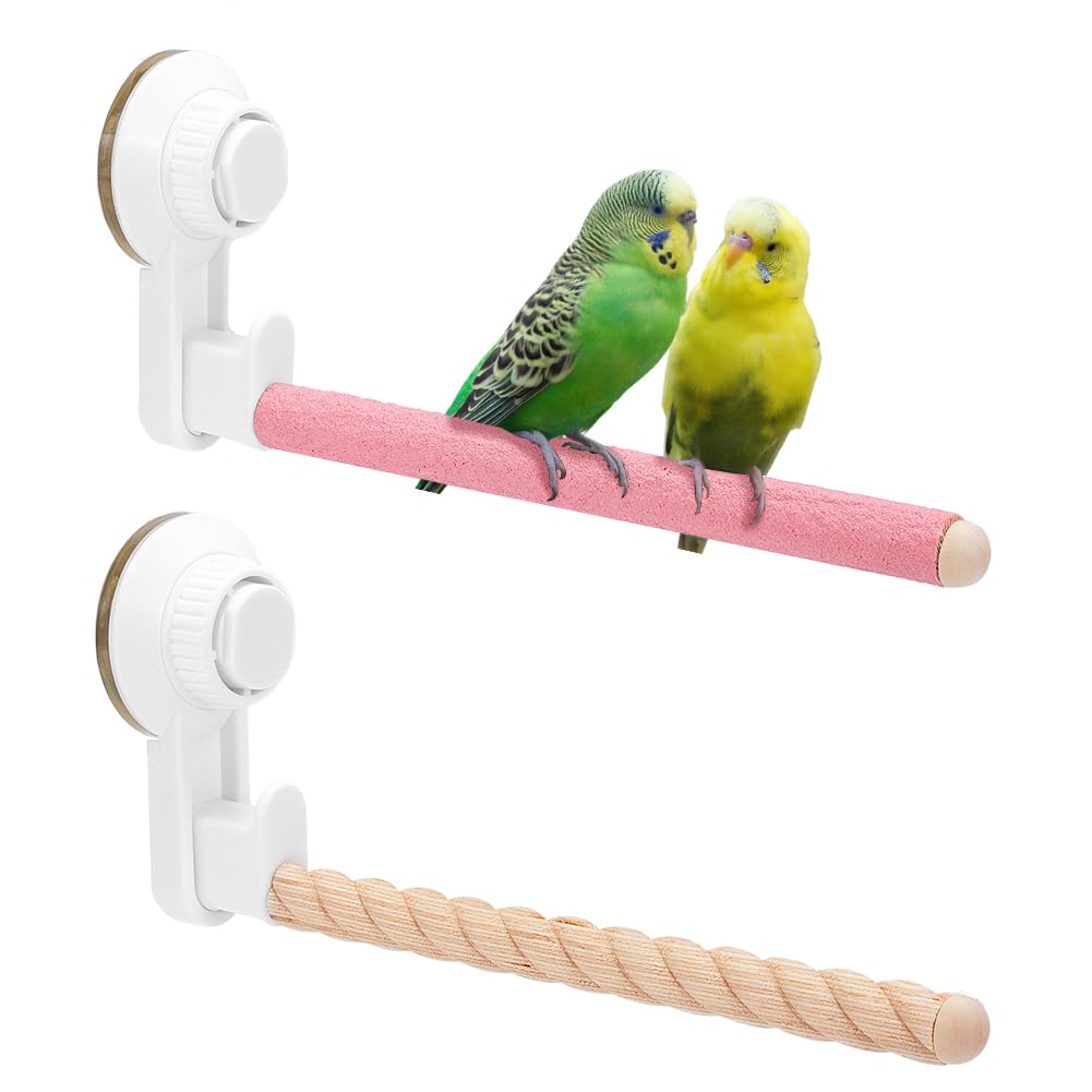 CRAFTYMELODY 2Pcs Bird Perch With Suction Cup 2 Colors Wood Parrot Bird Aerial Stand Stick Portable Parakeet Grinding Stick Training Wall Bath Car Travel Stand for Small and Medium Birds