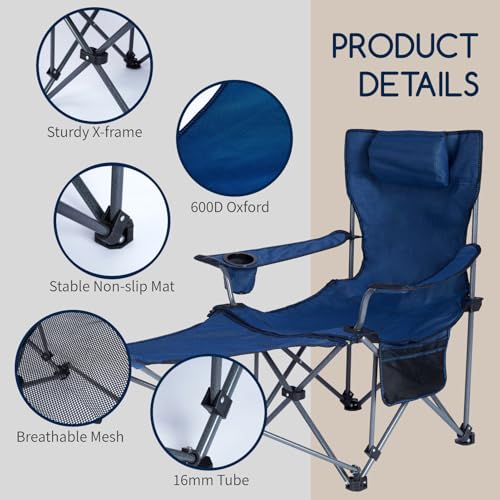 SICHCIS CAMPINGCHAIR Silla Plegable Reclinable para Camping con Reposapiés 3 en 1 Azul Marino miniatura 5