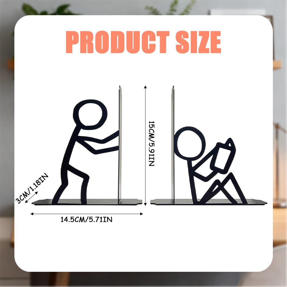 Book Ends 2-Pack, Person-Shaped Bookends for Shelves, Durable Metal Book Accessories, Desk Organizers for Books as Home Office Decor, Unique Gift for Bookworms (Black) - Image 2